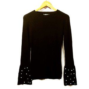 Women's Sweater Full Length Black Knit Bell Sleeves with Pearls Small Like New